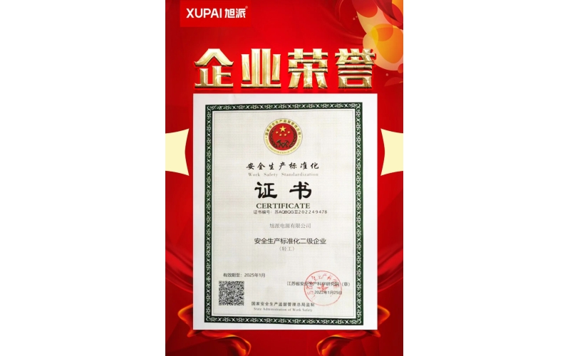 恭喜旭派電源有限公司榮獲“安全生產(chǎn)標(biāo)準(zhǔn)化二級(jí)企業(yè)”稱(chēng)號(hào)